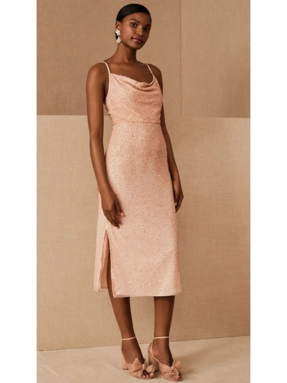 Forever That Girl Anthropologie Blush Pink Sequin Dunne Cowl Formal Midi Dress